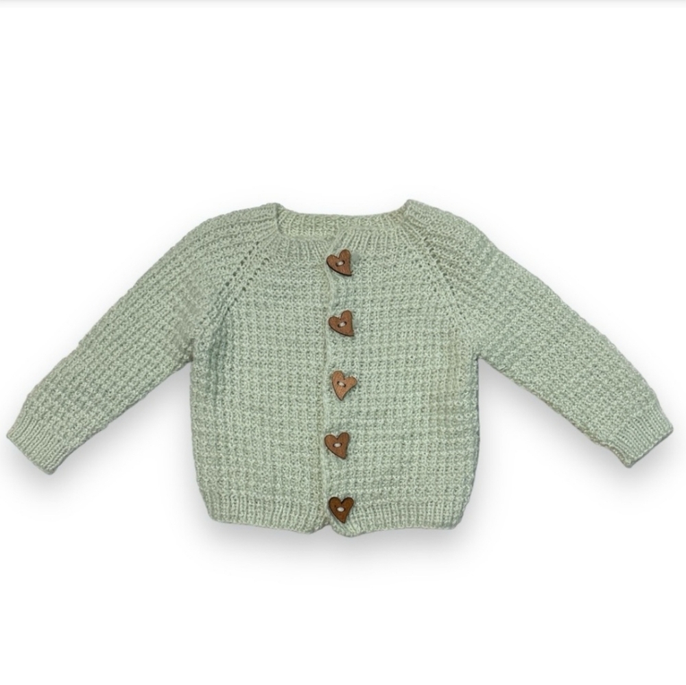 Handmade Knit Crewneck Cardigan Sweater Wooden Heart Buttons